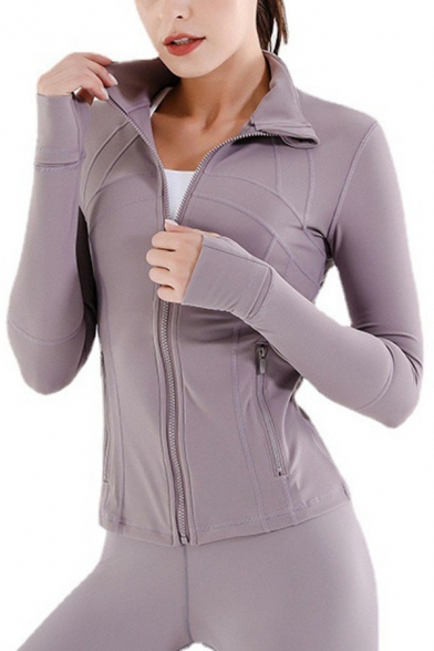 Modern Womens Gym Jacket Contrast Stitching Stand Collar Zipper Up Slim Fit Jacket