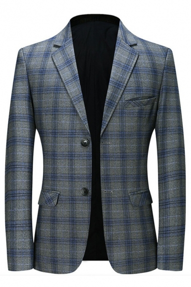 Pop Suit Blazer Plaid Patterned Lapel Collar Button-up Chest Pocket Suit Blazer for Guys