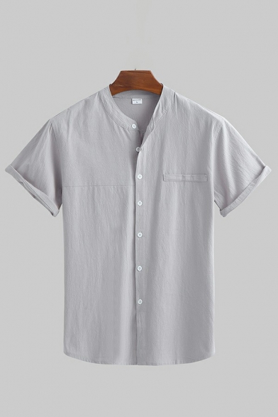 Retro Mens Shirt Pure Color Round Collar Relaxed Fit Short Sleeve Button Closure Shirt