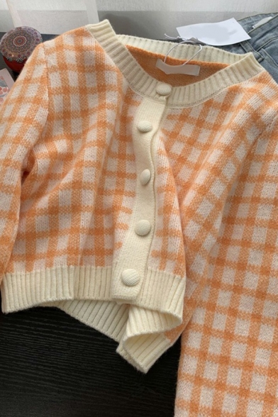 Retro Womens Knit Cardigan Plaid Pattern Round Collar Single Breasted Long Sleeve Oversized Cardigan