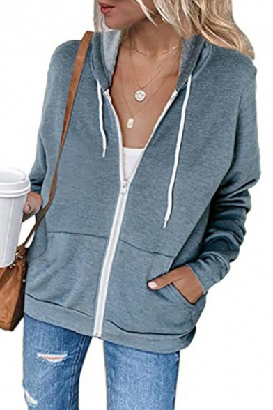 Simple Contrast Panel Hoodie Drawstring Zipper Closure Slim Fit Long-Sleeved Hoodie for Women