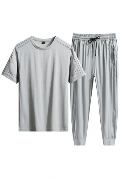 Simple Mens Co-ords Lines Pattern Round Neck Short Sleeve T-Shirt with Pants Two Piece Set