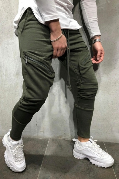 Simple Mens Pants Plain Drawstring Waist Mid Rise Skinny Fit Pants with Pocket
