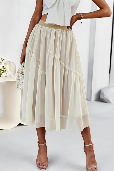 Simple Womens Mesh Skirt Elastic Waist Solid Color A-Line Midi Skirt