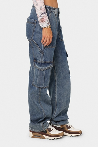 Street Look Womens Jeans Black Zip Fly High Waist Flap Pockets Straight Denim Pants