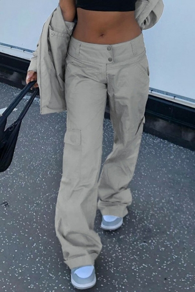 Street Style Ladies Gray Pants Zipper Placket Mid Rise Long Straight Cargo Pants with Flap Pockets
