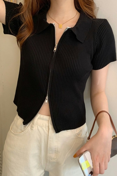Stylish Womens Plain Knit Top Spread Collar Zipper Closure Short Sleeve Slim Fitted Knit Top