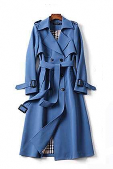 Stylish Womens Plain Trench Coat Notched Lapel Collar Double Breasted Regular Fit Longline Trench Coat