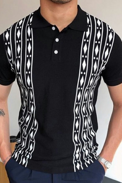 Vintage Mens Polo Shirt Diamond Print Button Detail Spread Collar Regular Fit Polo Shirt