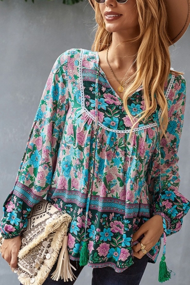 Vintage Womens Shirt Drawstring V Neck Floral Pattern Puff Sleeve Oversized Blouses Shirt