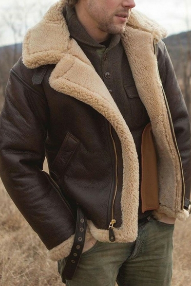 Warm Jacket Plain Belt Zip Closure Front Pocket Spread Collar Leather Fur Jacket for Guys