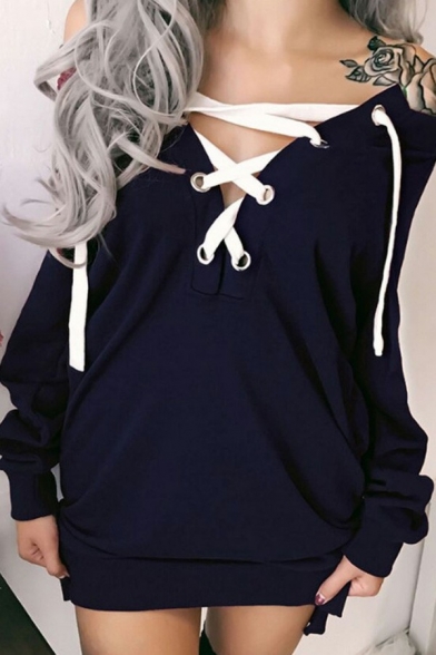 Women Fashionable Sweatshirt Plain Criss Cross Detail Long Sleeve Fitted V-neck Sweatshirt