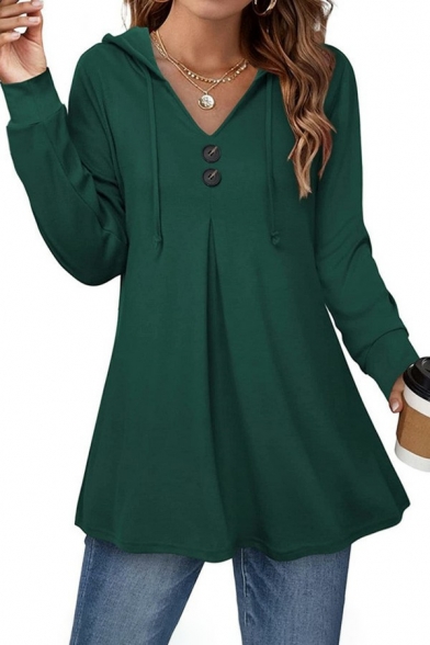 Womens Hoodie Solid Color Ruched Detail Skinny Long-Sleeved Hooded Button Hoodie