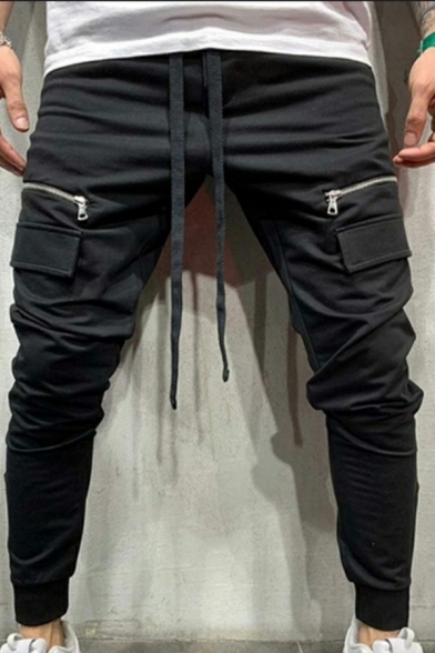 Basic Mens Pants Plain Drawstring Waist Zip Detail Mid Rise Skinny Fit Pants with Pocket