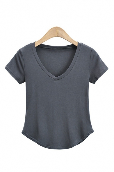 Basic Womens T-Shirt V Neck Pure Color Curved Hem Cap Sleeve Slim Fit T-Shirt