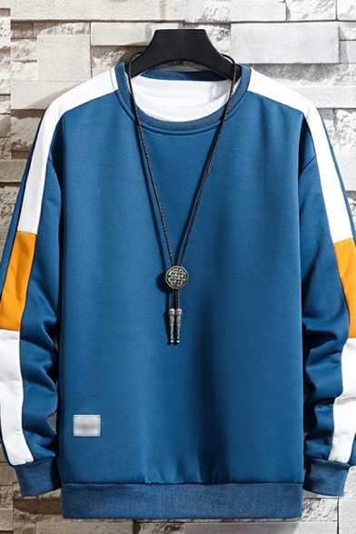 Casual Sweatshirt Contrast Color Round Collar Baggy Long-Sleeved Sweatshirt for Men