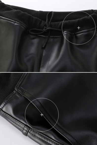 Classic Pants Solid Drawcord Waist Fleece Inner Long Length Pocket Leather Pants for Men