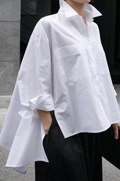 Creative Womens Irregular Shirt Spread Collar Button Up Long Sleeve Loose Fit Cloak Shirt in White