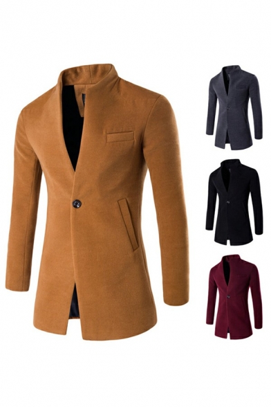 Elegant Guy's Coat Solid Color Long Sleeve Stand Collar Skinny Single Button Pea Coat