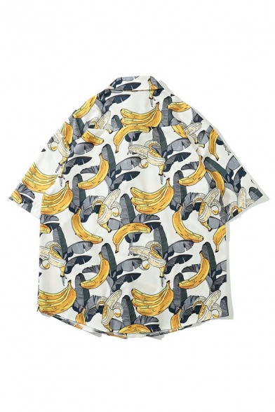 Hot Shirt Banana Printed Half Sleeve Oversized Point Collar Button Closure Shirt for Men