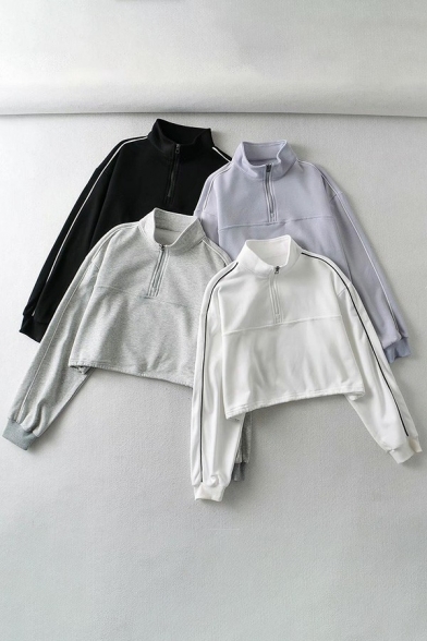 Leisure Girls Sweatshirt Lines Printed Half Zip Stand Collar Long Sleeve Cropped Sweatshirt