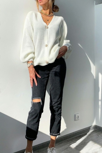 Leisure Ladies Sweater Plain V-Neck Single Breasted Long Sleeve Oversized Cardigan