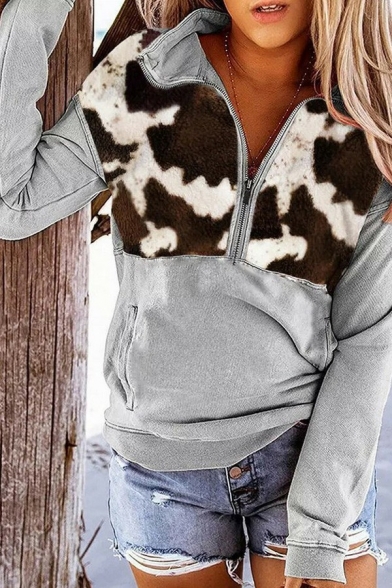 Leisure Womens Sweatshirt Cow Pattern Half Zip Collared Long Sleeve Sweatshirt