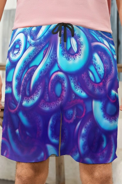 Men Leisure Shorts Octopus Print Drawstring Waist Pocket Detail Mid Rise Regular Fit Shorts in Blue