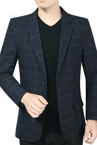 Men's Daily Suit Jacket Plaid Print Lapel Collar Button Closure Pocket Detail Suit Jacket