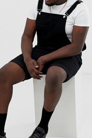 Men's Stylish Overalls Pure Color Pocket Detail Denim Bib Overalls in Black