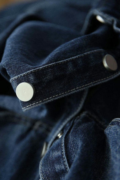 Retro Ladies Jacket Turn Down Collar Pockets Front Slim Fit Denim Jacket with Washing Effect