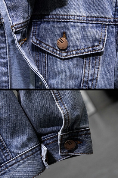 Retro Men Jacket Pure Color Pocket Long Sleeves Spread Collar Relaxed Button Denim Jacket