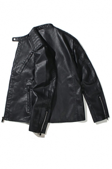 Simple Plain Mens Leather Jacket Collarless Pocket Detail Zip Closure Fitted Leather Jacket