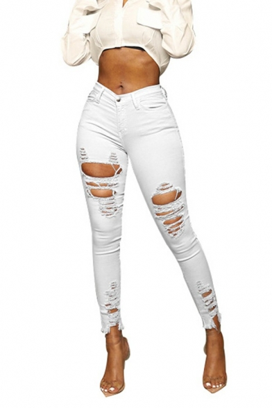 Simple Womens Jeans White Zip Fly Mid Rise Cut-Outs Skinny Denim Pants