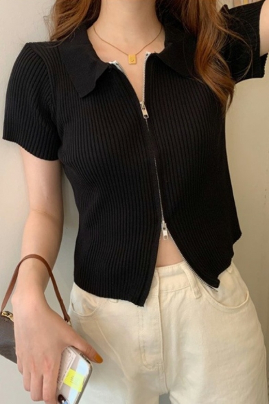 Stylish Womens Plain Knit Top Spread Collar Zipper Closure Short Sleeve Slim Fitted Knit Top
