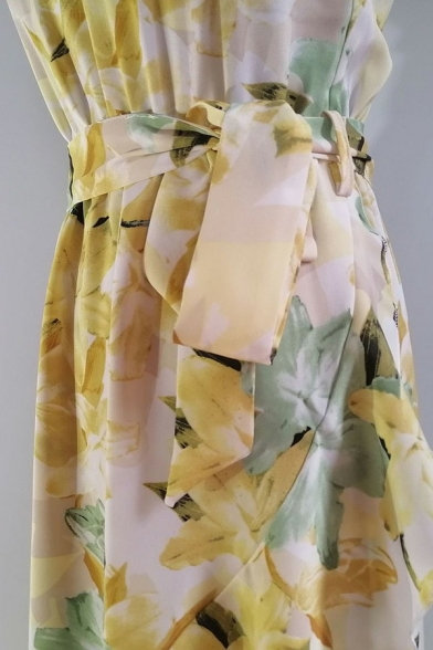 Trendy Ladies Dress Flowers Pattern Halter Sleeveless Belted Pleated Maxi Sheath Dress