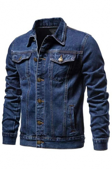 Trendy Men's Jacket Plain Long Sleeves Button Closure Pocket Detail Spread Collar Denim Jacket