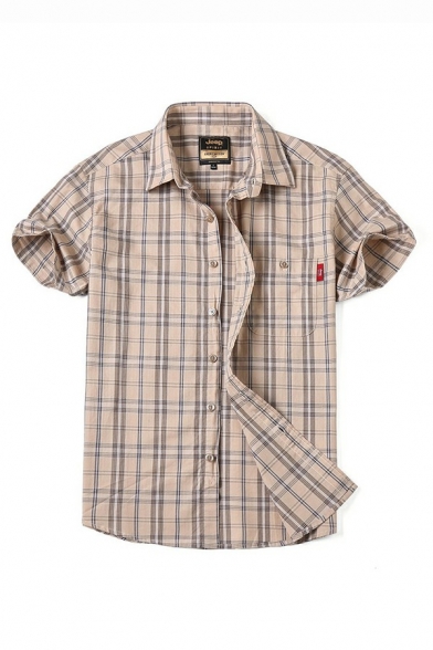Unique Men Shirt Plaid Pattern Short Sleeves Spread Collar Relaxed Button Fly Shirt