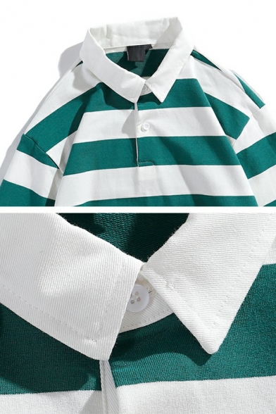 Urban Mens Polo Shirt Stripe Print Turn-down Collar Long Sleeve Button Detail Loose Fit Polo Shirt