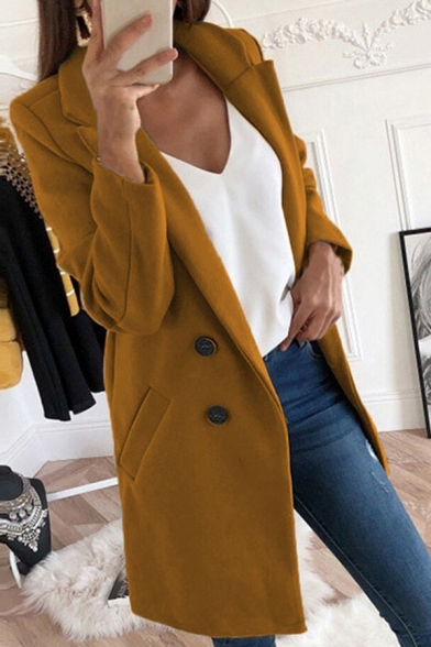 Basic Ladies Trench Coat Plain Notched Lapel Collar Double Breasted Regular Fit Trench Coat