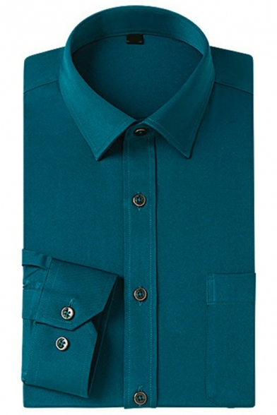 Casual Mens Shirt Plain Chest Pocket Long Sleeve Turn-down Collar Regular Fit Button Shirt