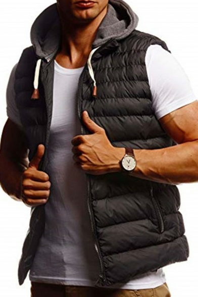 Casual Vest Whole Colored Hooded Sleeveless Regular Fit Drawstring Zip down Vest for Men