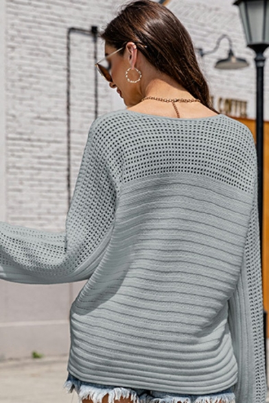 Casual Womens Plain Sweater Round Neck Hollow Detail Long Sleeve Relaxed Fit Pullover Sweater