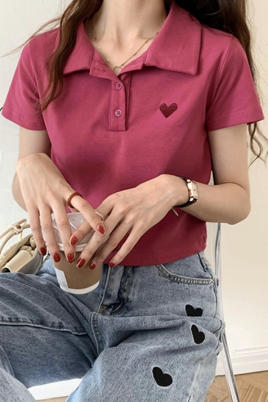 Casual Womens Polo Shirt Spread Collar Heart Embroidery Short Sleeve Slim Fit Polo Shirt