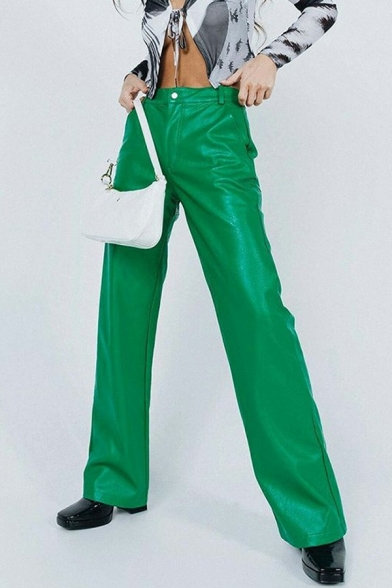 Chic Womens Leather Pants Pure Color Zip Down High Waist Long Straight Pants