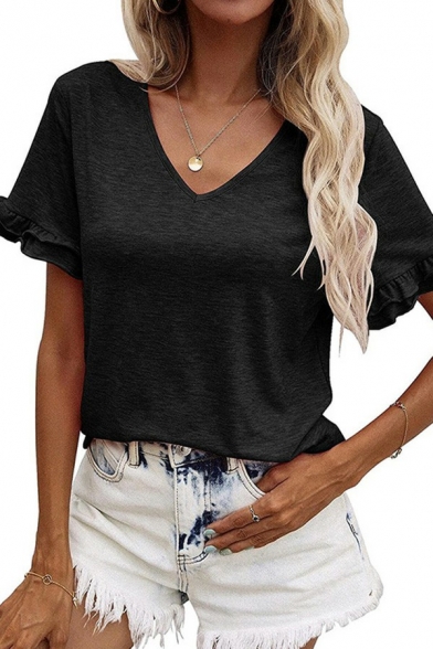 Classic Womens Tee Top Solid Color V-Neck Short Sleeve Regular Fit T-Shirt with Ruffles