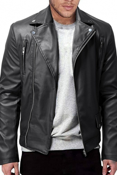 Creative Leather Jacket Whole Colored Zipper Spread Collar Pocket Leather Jacket for Men