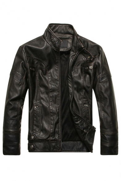 Dashing Guys Leather Jacket Plain Stand Collar Front Pocket Zip Fly Leather Jacket