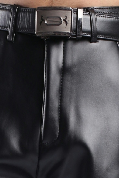 Dashing Mens Pants Plain Zip Placket PU Leather Pocket Detail Mid Rise Full Length Regular Fit Pants in Black