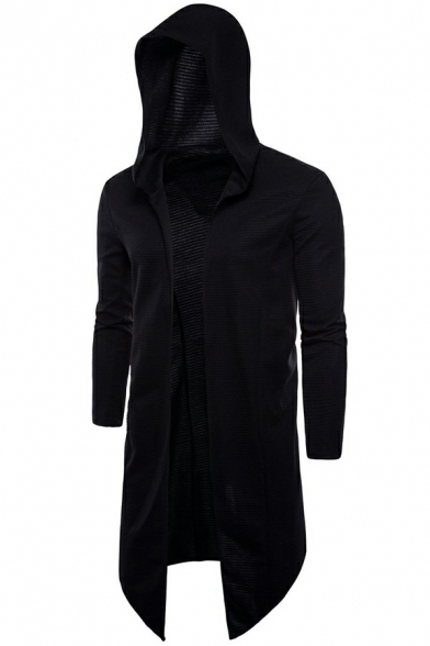 Elegant Men Coat Solid Pure Color Hooded Long-Sleeved Regular Open Front Trench Coat